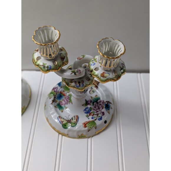 Herend Queen Victoria Green Border Double Candlesticks Set of 2 - Picture 2 of 16